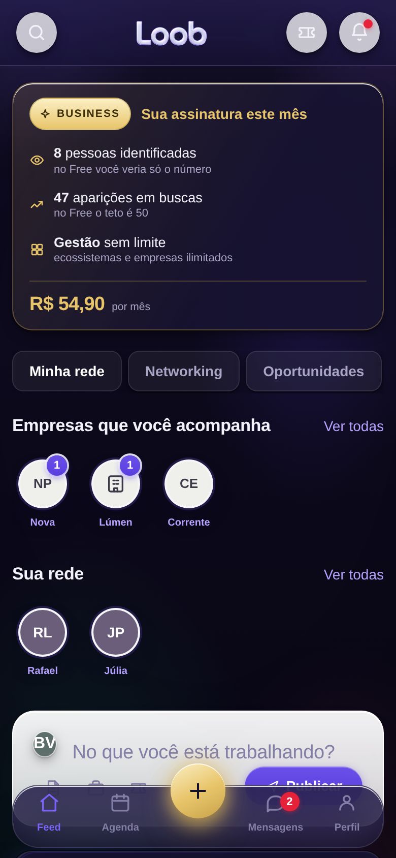 O Loob no celular: o feed com as oportunidades do dia.